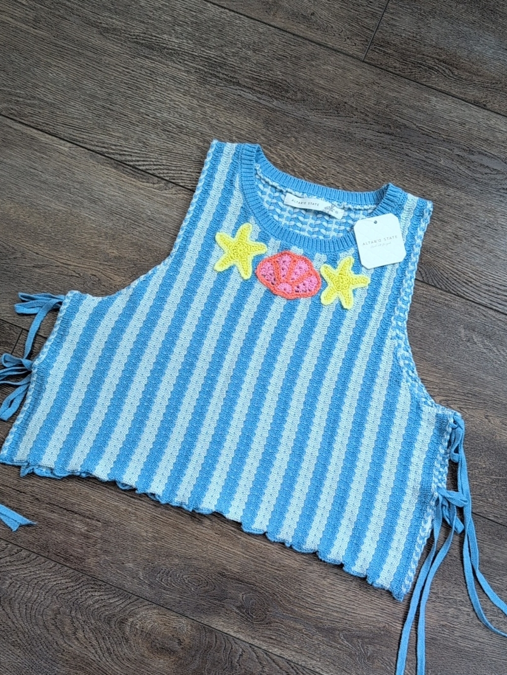 Altar'd State Blue & White Striped Crochet Tank with Sea Appliqués
